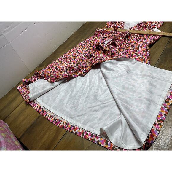 KATE SPADE Aubrey Wrap Dress 6 Pink Brown Abstract Print Silk Sleeveless Ruffles - Picture 13 of 15
